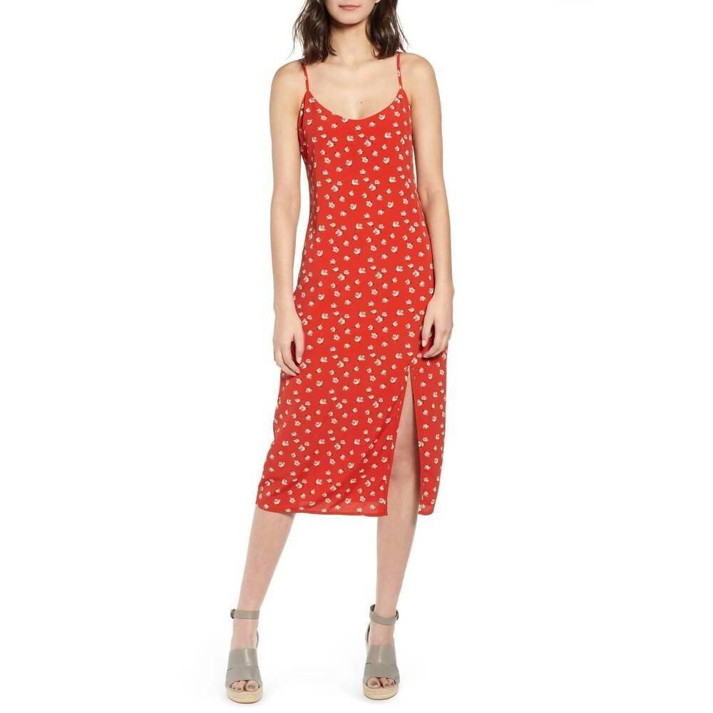 NEW Heartloom Rust Red Floral Scoop Neck Front Slit Sleeveless Slip Midi Dress L